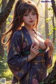A woman in a kimono standing in a forest.