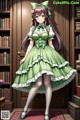 A girl in a green dress standing in front of a bookcase.