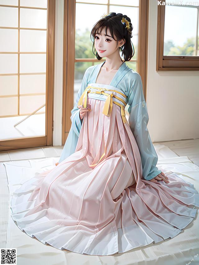 A woman in a pink and blue dress sitting on a bed.