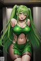 A woman with long green hair wearing a green bikini.