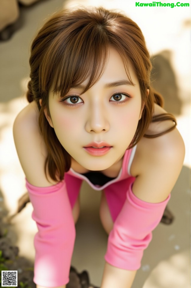 A young woman in a pink top and pink gloves.
