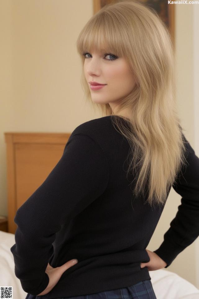 A woman in a black sweater and plaid skirt posing on a bed.