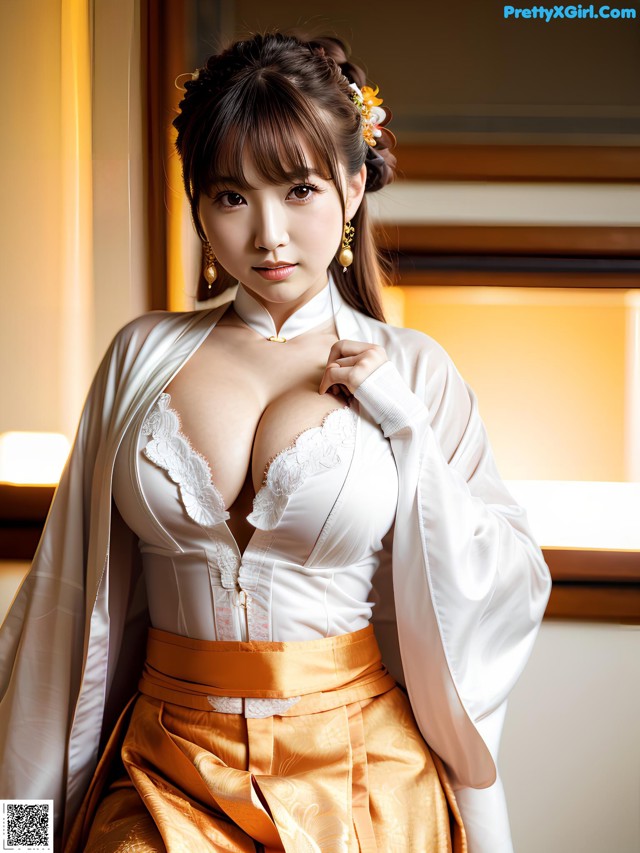 A woman in a white and gold kimono posing for a picture.