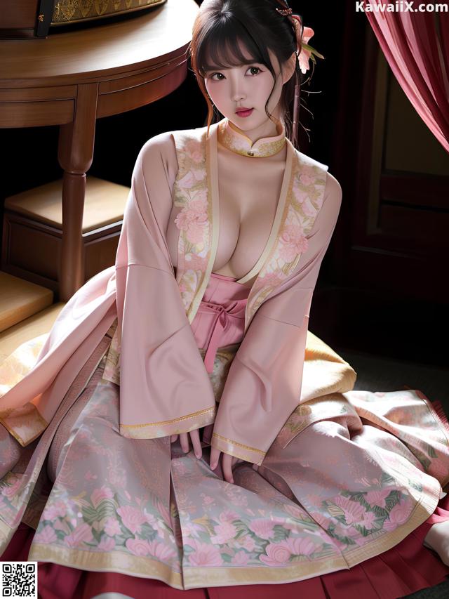 A woman in a pink kimono sitting on the floor.