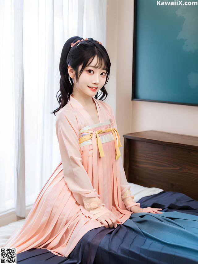 A woman in a pink and blue dress sitting on a bed.